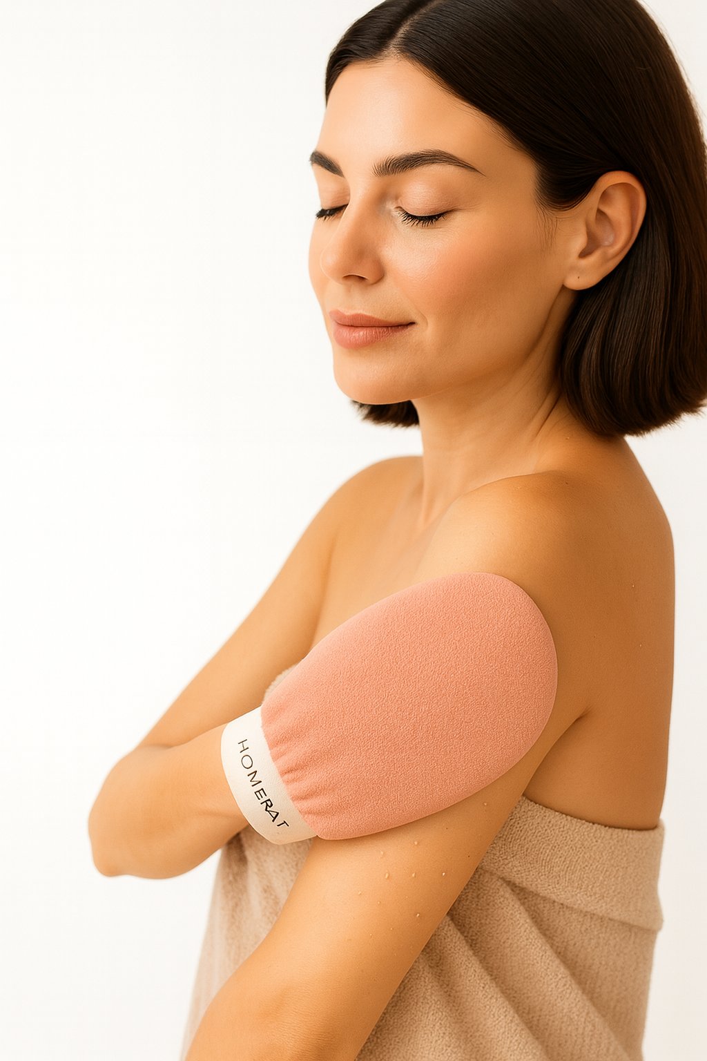 Femme utilisant le gant exfoliant Homerati rose